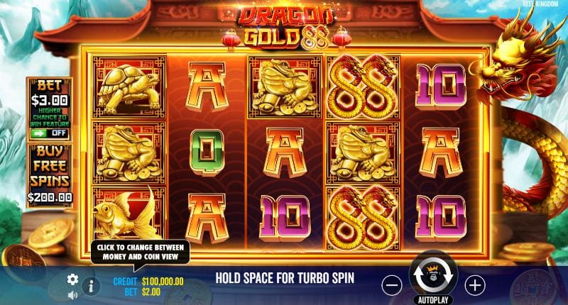 the Dragon Gold 88 slot game, featuring vibrant dragons, glowing gold coins, and mystical symbols on the reels.