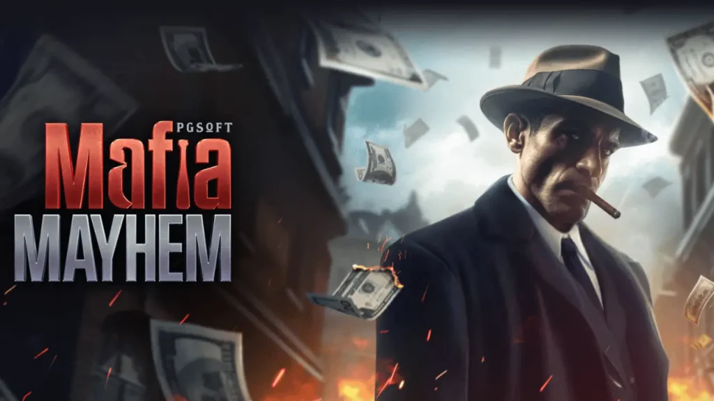 "Mafia Mayhem slot game by PG Soft featuring symbols like mafia bosses, cash, cigars, and guns."