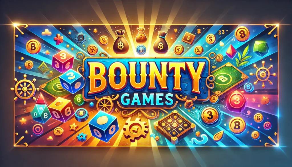 A vibrant rectangular banner for Bounty Games showcasing gaming elements like treasure chests, gold coins, and glowing effects with a bold logo