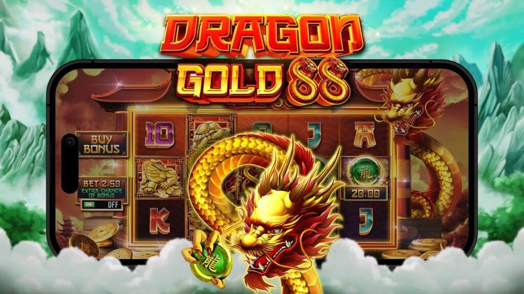 the Dragon Gold 88 slot game with vibrant dragon symbols and golden coins spinning on the reels.